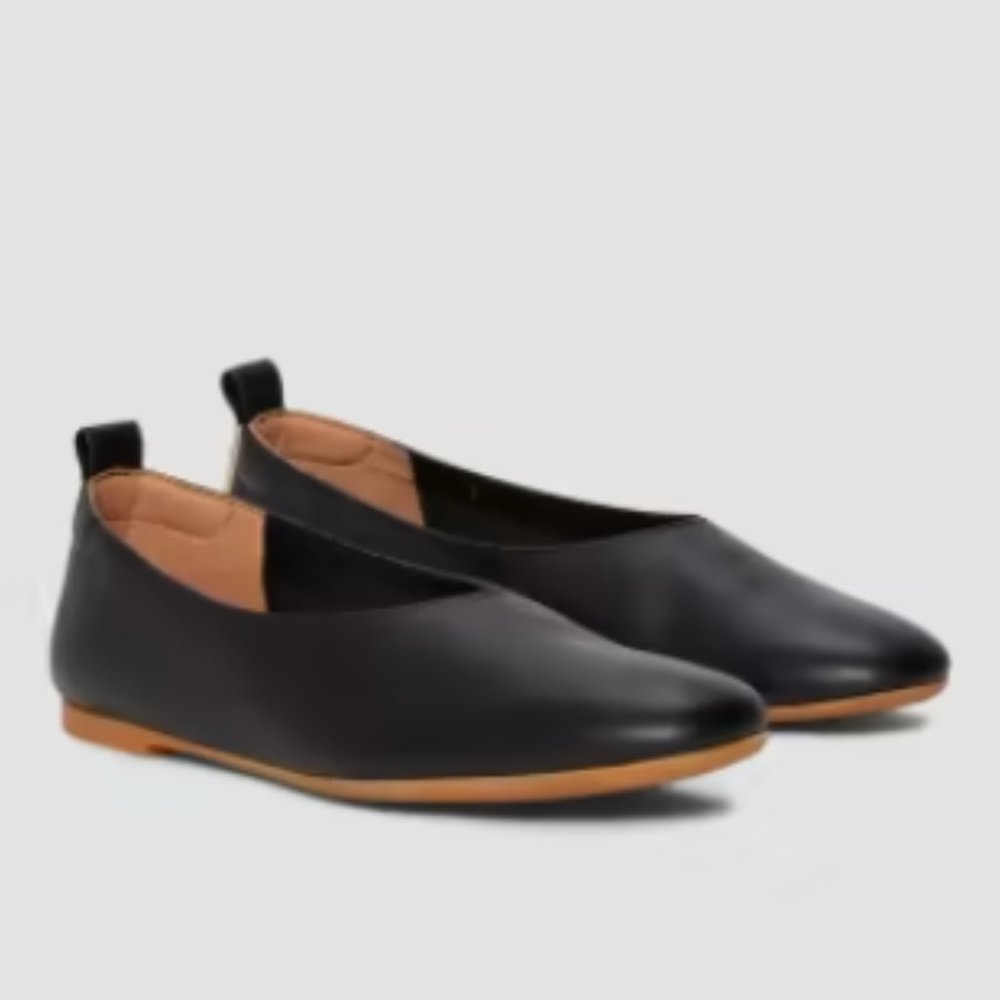Everlane Black Leather Ballet Flat with Brown Sole Accent - Picture 2 of 5